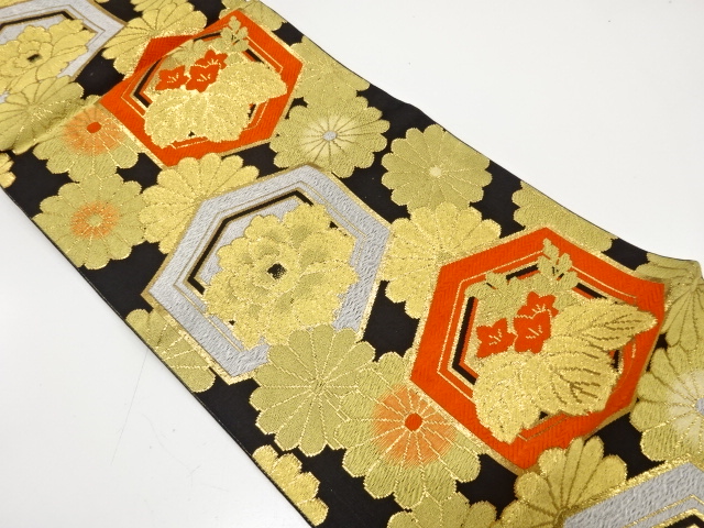 アンティーク　亀甲に桐・菊・牡丹模様織り出し袋帯（着用可）